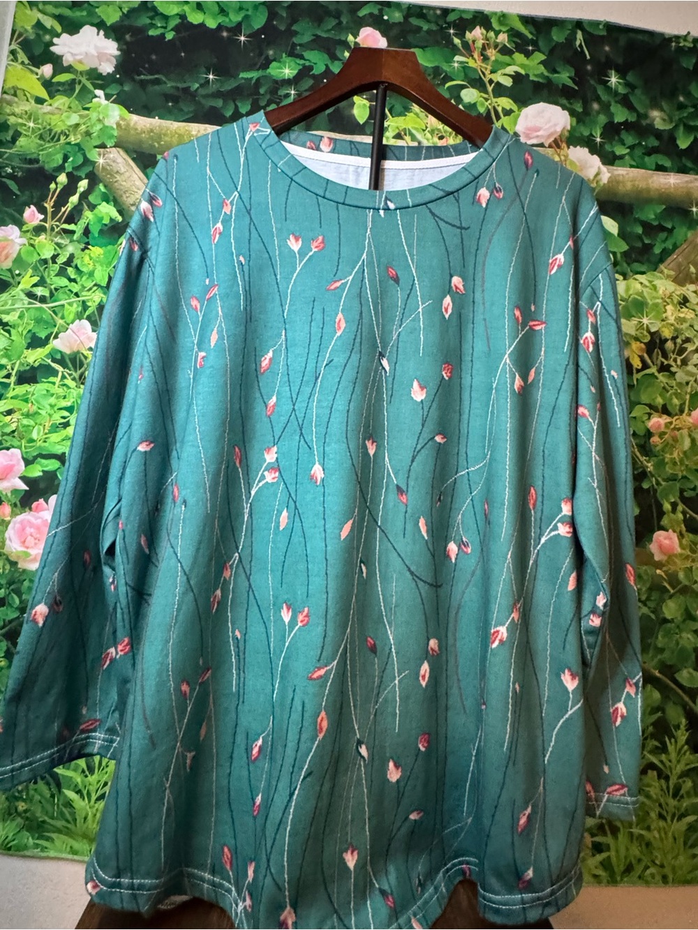 Teal Floral Long-Sleeve Women's Blouse